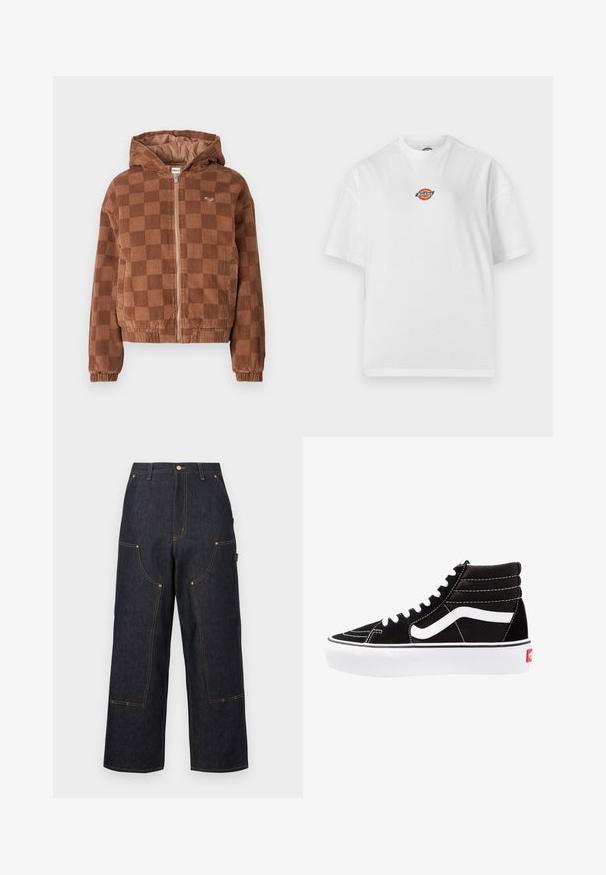 Chaqueta de pana marrón a cuadros con cremallera y capucha, puños elásticos y bolsillos frontales.; Camiseta blanca de manga corta con cuello redondo y un pequeño logo colorido de Dickies centrado en el pecho sobre un fondo liso.; Pantalones vaqueros de pernera ancha azul oscuro con múltiples bolsillos frontales, costuras en contraste de color naranja y cierre de botón en la cintura.; Zapatillas altas negras con cordones blancos, un logo blanco y costuras en blanco que contrastan. Presentan una suela blanca gruesa y una parte superior de ante texturizado.