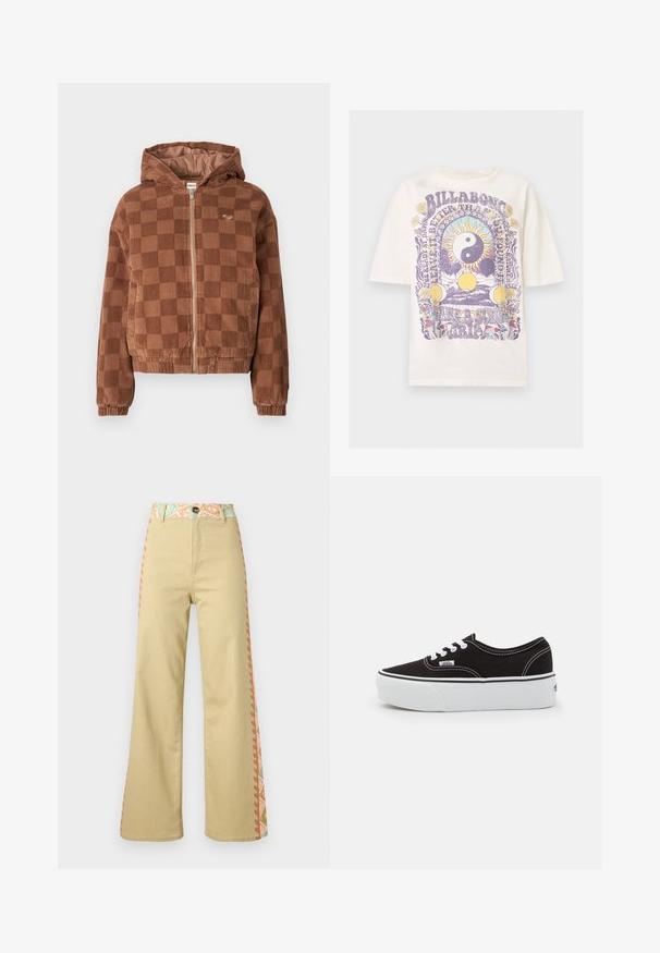 Bruine geruite corduroy ritsjack met capuchon, elastische manchetten en voorzakken.; Crèmekleurig T-shirt met korte mouwen met paarse en gele psychedelische print met yin-yang zon, maanfases, bloemen, paddenstoelen en tekst.; Beige wijde broek met hoge taille, knoopsluiting, tailleband met bloemenpatroon en zijstrepen in pastelkleuren.; Zwarte canvas sneaker met een witte rubberen platformzool, voorzien van witte veters en stiksels, iconische branding op de zijkant, low-top ontwerp.