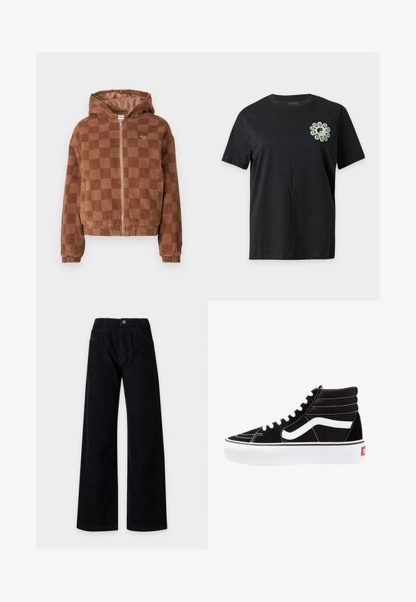 Bruine geruite corduroy ritsjack met capuchon, elastische manchetten en voorzakken.; Zwart T-shirt met korte mouwen met een klein lichtgroen yin-yang symbool omgeven door een swirl patroon op de bovenste linkerbuste.; Zwarte wijde ribfluwelen broek met voorzakken en knoopsluiting in de taille, afgebeeld op een effen lichte achtergrond.; Zwarte high-top sneakers met witte veters, een wit logo en contrasterende witte stiksels. Heeft een dikke witte zool en een bovenwerk van gestructureerd suede.