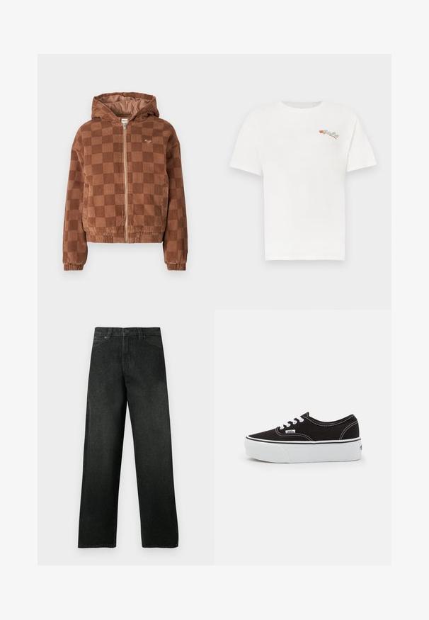 Chaqueta de pana marrón a cuadros con cremallera y capucha, puños elásticos y bolsillos frontales.; Camiseta blanca de algodón con mangas cortas. Presenta un pequeño bordado floral multicolor en el lado izquierdo del pecho. Cuello redondo clásico.; Vaqueros negros de pierna recta con bolsillos delanteros y trabillas para cinturón, cierre de botón y cremallera, mostrados sobre un fondo liso.; Zapatilla de lona negra con suela de plataforma de goma blanca, que presenta cordones y costuras blancas, con branding icónico en el lateral, diseño de corte bajo.
