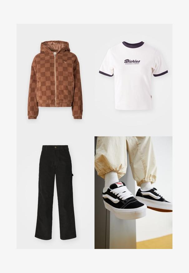 Brunternetternes kordfløjl zip-up jakke med hætte, elastiske manchetter og forlommer.; Hvid T-shirt med mørkeblå ribbet krave og ærmer. Har en stor grafisk tekstlogo i mørkeblå, "Dickies WORKWEAR COMPANY."; Sorte kordfløjsbukser med et lige ben-design, der har en knaplukning og sidelommer. Glat tekstur med fine lodrette striber.; Person iført sorte og hvide Vans sneakers med hvide snørebånd, hvide sokker og beige bukser med elastiske manchetter.