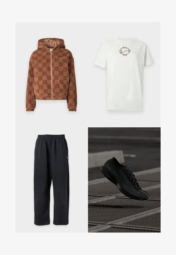 Bruine geruite corduroy ritsjack met capuchon, elastische manchetten en voorzakken.; Lichtgroen katoenen T-shirt met een centrale afbeelding van prikkeldraad rondom een logo. Ronde hals en korte mouwen. Zachte textuur.; Zwarte losse sweatpants met elastische tailleband en klein wit logo aan de rechterkant.; Zwarte sportschoen met geperforeerde bovenkant, ronde neus en minimalistisch ontwerp. Voorzien van platte veters en een gevoerde zool voor comfort.