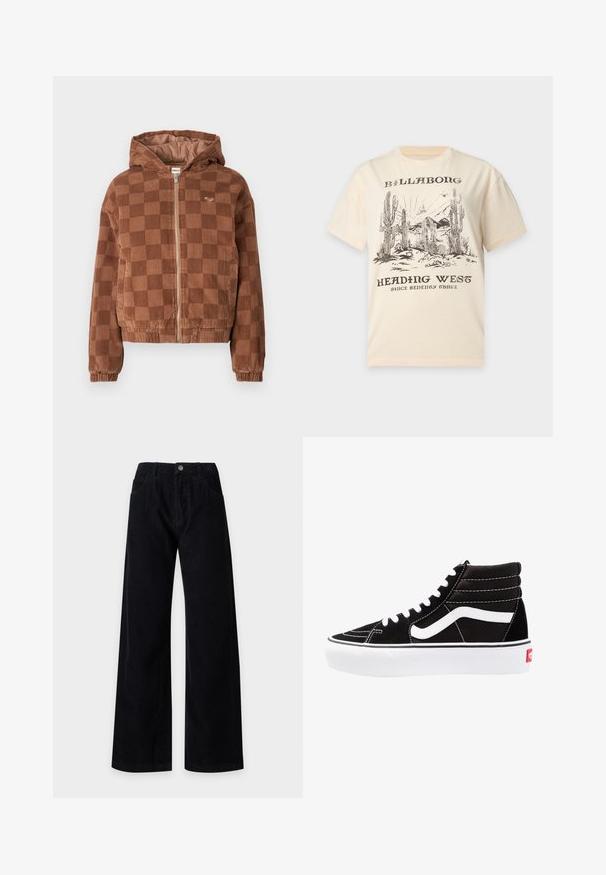 Brunternetternes kordfløjl zip-up jakke med hætte, elastiske manchetter og forlommer.; Beige T-shirt med sort ørken scene med kaktusser, bjerge og fugle, mærket "Billabong Heading West Since Seventy Three."; Sorte vidde cordbukser med forlommer og knaplukning i taljen, vist på en ensfarvet lys baggrund.; Sorte høj-top sneakers med hvide snørebånd, et hvidt logo og kontrasterende hvid syning. Har en tyk hvid sål og struktureret ruskindsoverdel.