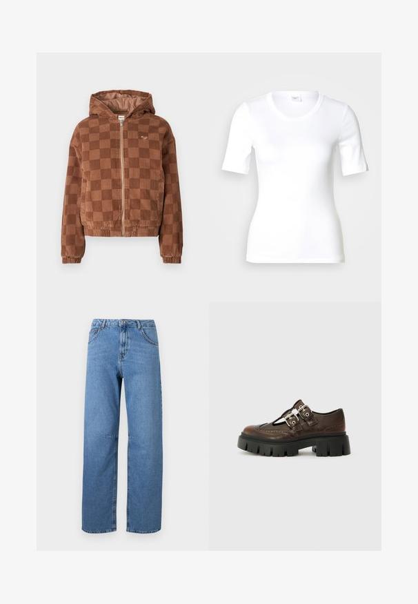 Braun karierter Cordjacke mit Reißverschluss und Kapuze, elastischen Bündchen und vorderen Taschen.; Weißes T-Shirt mit kurzen Ärmeln aus glattem Baumwollstoff, mit rundem Ausschnitt und figurbetonter Form. Klassisches Design, ohne Muster oder Akzente.; Hellblaue, gerade geschnittene Jeans aus Denim mit vorderen Taschen, Gürtelschlaufen und einem Knopfverschluss an der Taille.; Braune Lederschuhe mit Ausschnittdesign, doppelten silbernen Schnallen, schwarzer klobiger Sohle und Broguedetails entlang der Kanten.