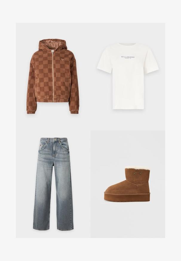 Braun karierter Cordjacke mit Reißverschluss und Kapuze, elastischen Bündchen und vorderen Taschen.; Weißes Baumwoll-T-Shirt mit kurzen Ärmeln und Rundhalsausschnitt, mit blauem Text "BILLABONG SINCE 73" mittig auf der Brust. Weiche, glatte Textur.; Hellblaue Jeans mit weitem Bein und verwaschener Optik, vorderem Knopf- und Reißverschluss, Vorder- und Gesäßtaschen sowie Gürtelschlaufen, flach auf weißem Hintergrund liegend.; Braune Wildleder-Stiefelette mit einem weichen weißen Futter, runder Spitze, dicker Sohle und zwei dekorativen goldfarbenen Nieten an der Seite.