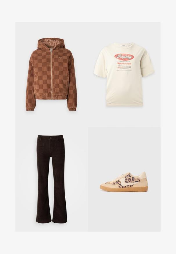 Brunternetternes kordfløjl zip-up jakke med hætte, elastiske manchetter og forlommer.; Kremfarvet T-shirt med korte ærmer med vintage-stil rød og grå "Replay" logo og tekst om denimvarer og tøjhåndværk.; Brune flared bukser i ribfløjl med høj talje, lukning med knapper foran og to baglommer. Glat tekstur med en let skinnende finish.; Leopardprint sneakers med beige ruskindsoverdel, tan gummisål og hvide detaljer. Rund pegefinger og snørebåndsdesign med en tekstureret finish.