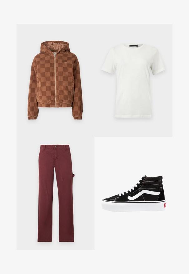 Braun karierter Cordjacke mit Reißverschluss und Kapuze, elastischen Bündchen und vorderen Taschen.; Schlichtes weißes T-Shirt mit kurzen Ärmeln und Rundhalsausschnitt, mit geradem Saum, flach auf hellem Hintergrund dargestellt.; Burgunderfarbene, gerade geschnittene Hose aus Baumwolle mit einem knöpfbaren Bund und seitlichen Taschen. Glatte Textur, klassisches Design und ohne Muster.; Schwarze High-Top-Sneaker mit weißen Schnürsenkeln, einem weißen Logo und kontrastierendem weißen Nähten. Verfügt über eine dicke weiße Sohle und ein strukturiertes Wildleder-Obermaterial.