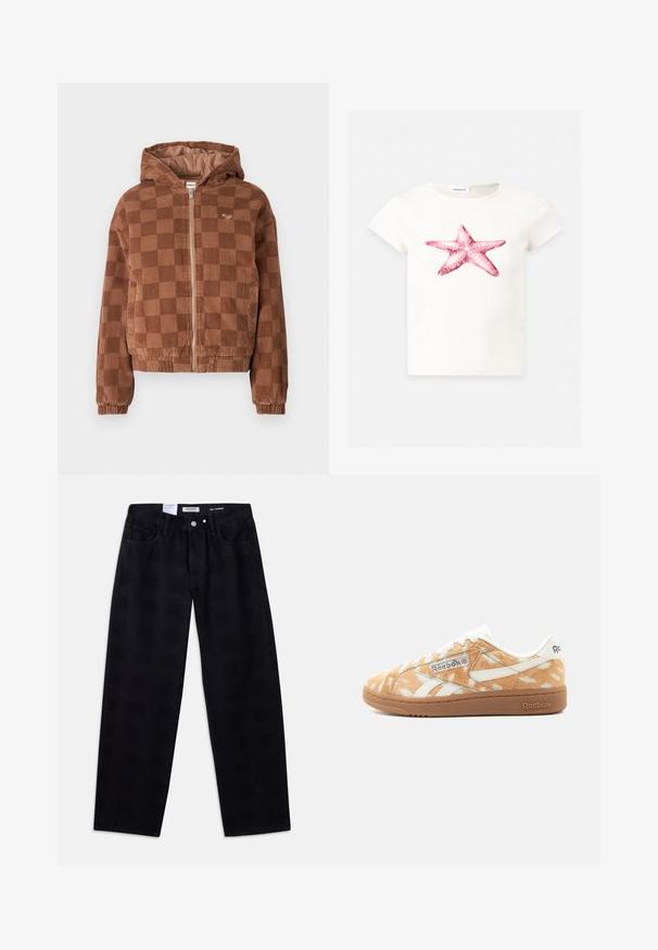 Bruine geruite corduroy ritsjack met capuchon, elastische manchetten en voorzakken.; Witte T-shirt met korte mouwen met een grote roze zeesterafbeelding centraal op de voorkant.; Zwarte taps toelopende jeans met een stevige weving, voorzien van voorzakken, een knoopsluiting en een discreet logo-label op de tailleband.; Low-top Reebok sneaker met lichtbruine en witte gevlekte bonttextuur, wit logo en zool van natuurrubber, gezien van opzij.