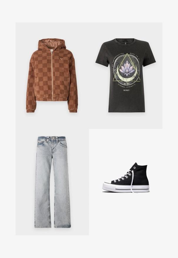 Bruine geruite corduroy ritsjack met capuchon, elastische manchetten en voorzakken.; Zwarte katoenen t-shirt met een grafisch ontwerp van een lotusbloem, geometrische vormen en tekst in verschillende kleuren. Korte mouwen en ronde halslijn.; Lichtblauwe denim jeans met een wijd uitlopende snit. Standaard taille, vijf-pocketstijl en zichtbare stiksels langs de naden.; Zwarte hooggesloten canvas sneaker met witte rubberen zool en witte veters, zijwaarts weergegeven op een witte achtergrond.