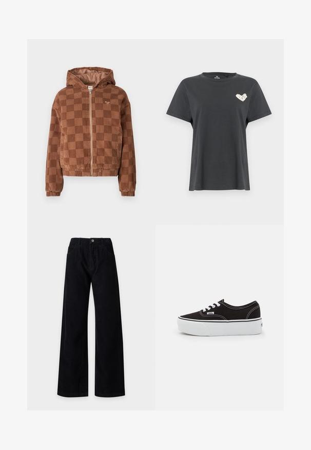 Braun karierter Cordjacke mit Reißverschluss und Kapuze, elastischen Bündchen und vorderen Taschen.; Schwarzes T-Shirt mit kurzen Ärmeln und Rundhalsausschnitt, links auf der Brust mit kleinem weißem herzförmigem Design.; Schwarze Cordhose mit weitem Bein, Fronttaschen und Knopfverschluss in der Taille, dargestellt auf einem einfarbigen hellen Hintergrund.; Schwarze Leinensneaker mit einer weißen Gummiplattformsohle, weißen Schnürsenkeln und Nähten, ikonischer Markenaufdruck an der Seite, im Low-Top-Design.