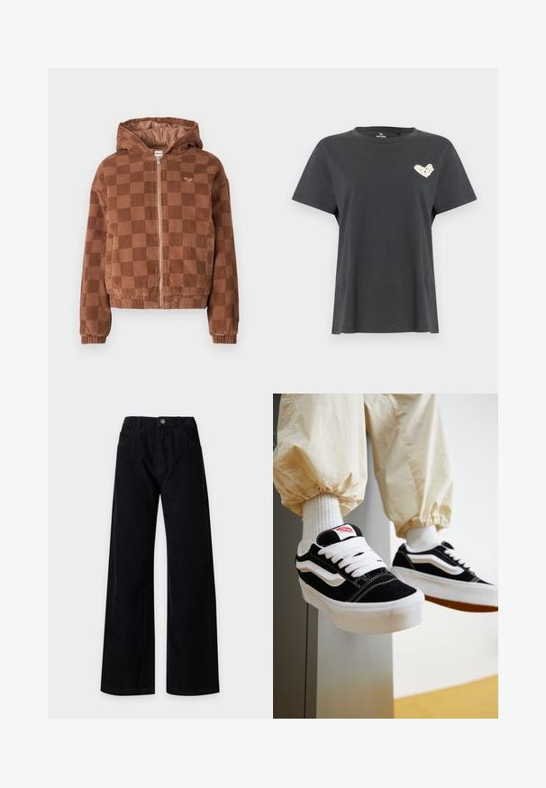 Bruine geruite corduroy ritsjack met capuchon, elastische manchetten en voorzakken.; Zwart T-shirt met korte mouwen en ronde hals, met een klein wit hartvormig ontwerp op de linkerborst.; Zwarte wijde ribfluwelen broek met voorzakken en knoopsluiting in de taille, afgebeeld op een effen lichte achtergrond.; Persoon die zwart-witte Vans sneakers draagt met witte veters, witte sokken en beige broek met elastische manchetten.