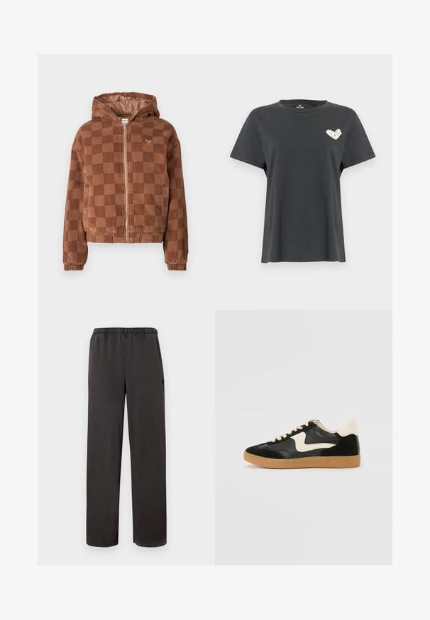 Brunternetternes kordfløjl zip-up jakke med hætte, elastiske manchetter og forlommer.; Sort kortærmet T-shirt med rund hals og lille hvidt hjerteformet motiv på venstre bryst.; Sorte bukser med lige ben, elastisk talje, løs pasform og minimal synlig syning på lys baggrund.; Sorte ruskinds- og lædersneakers med en cremefarvet side-swoosh og lys cremefarvet hæl. Har beige snørebånd og en gummirubber-sål.