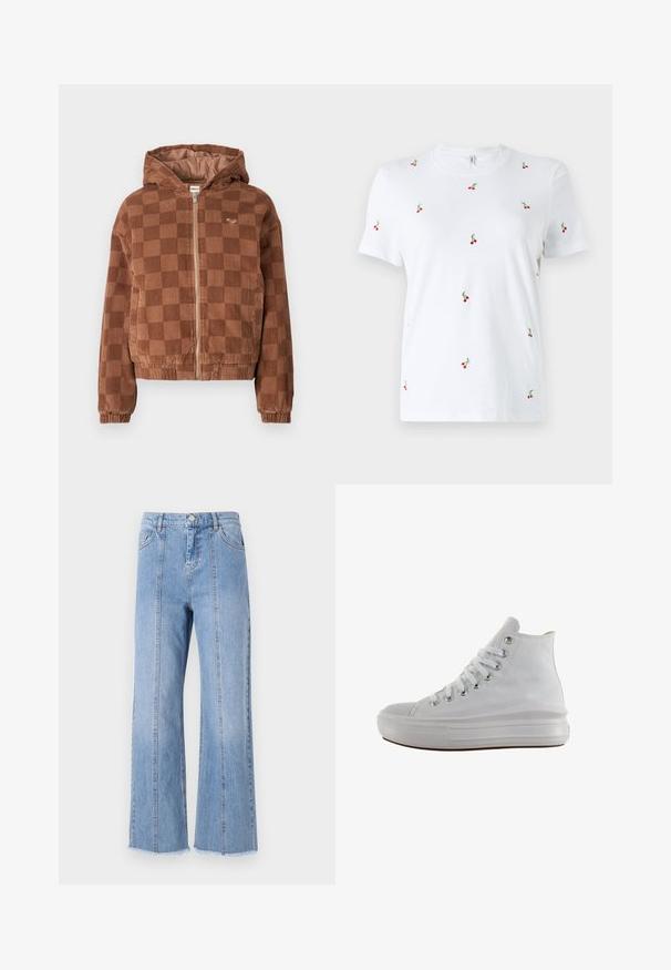 Bruine geruite corduroy ritsjack met capuchon, elastische manchetten en voorzakken.; Witte katoenen t-shirt met korte mouwen, voorzien van verspreide rode kersborduursels en groene stelen als opvallende decoratieve details.; Lichtblauwe denim wijdlopende jeans met een hoge taille, voornaad en onbewerkte zoom. Voorzien van een klassieke knoop- en ritsluiting in de taille.; Witte hoge canvas sneaker met witte veters, metalen oogjes, dikke rubberen zool en gestructureerde neuskap, naar links gericht op een witte achtergrond.