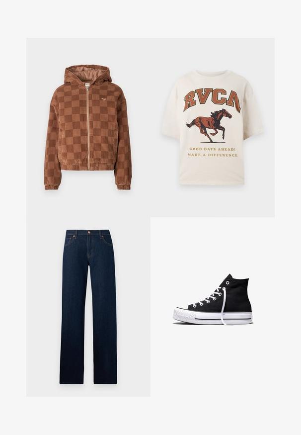 Bruine geruite corduroy ritsjack met capuchon, elastische manchetten en voorzakken.; Beige T-shirt met korte mouwen met de tekst "RVCA", een afbeelding van een rennend paard en de zinnen "Good days ahead! Make a difference" in gouden letters.; Donkerblauwe straight-leg spijkerbroek met vijf zakken, knoopsluiting en zichtbare gele stiksels op de naden en riemlussen.; Zwarte hooggesloten canvas sneaker met witte rubberen zool en witte veters, zijwaarts weergegeven op een witte achtergrond.