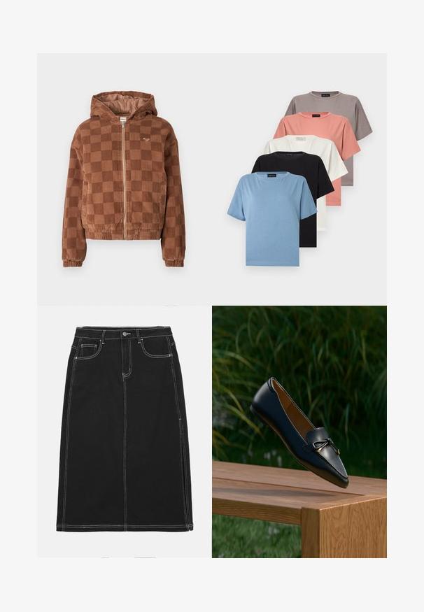 Bruine geruite corduroy ritsjack met capuchon, elastische manchetten en voorzakken.; Vijf effen T-shirts met ronde hals en korte mouwen in grijs, koraal, wit, zwart en blauw, overlappend gerangschikt op een witte achtergrond.; Zwarte denimrok met een rechte snit, voorzien van witte stiksels, een voorste knoopsluiting en twee voorzakken. Soepele textuur.; Zwarte leren loafer met een strikdetail die boven een houten bankje zweeft, met groen gras en planten op de achtergrond.