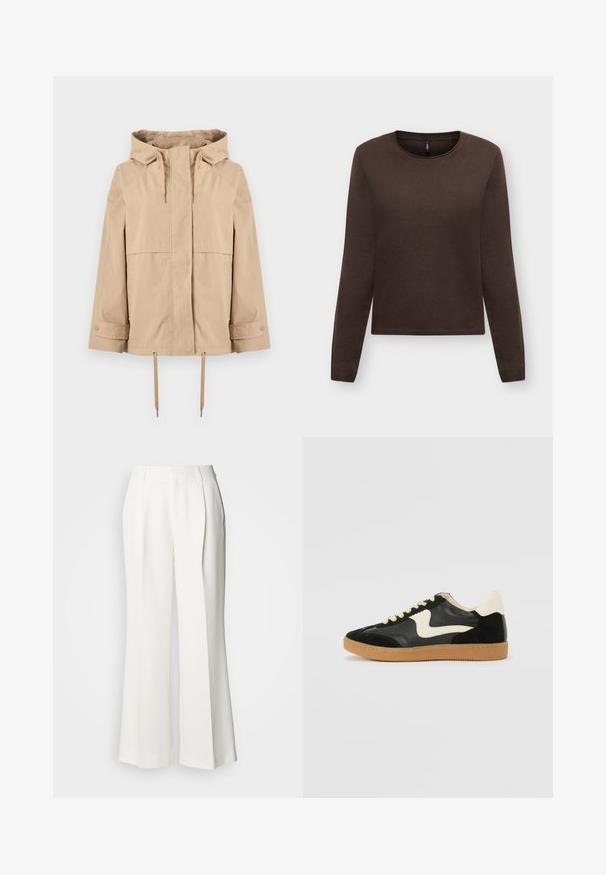 Veste beige à capuche avec fermeture éclair frontale, cordons réglables à la capuche et à l'ourlet, manches longues avec poignets à boutons-pression, et deux poches latérales.; Pull marron à manches longues, col rond, avec poignets et ourlet côtelés, présenté sur un fond clair uni.; Pantalon large blanc à plis sur le devant, ceinture avec passants pour ceinture, et poches latérales, présenté sur un fond clair.; Baskets en daim et cuir noir avec un swoosh latéral crème et un talon crème clair. Dotées de lacets beige et d'une semelle en caoutchouc gomme.