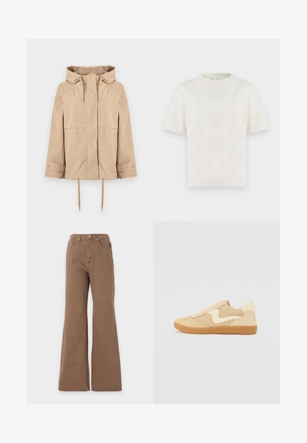 Veste beige à capuche avec fermeture éclair frontale, cordons réglables à la capuche et à l'ourlet, manches longues avec poignets à boutons-pression, et deux poches latérales.; T-shirt blanc cassé uni à manches courtes et col rond, coupe décontractée, présenté sur un fond clair.; Jean marron taille haute avec jambe évasée, fermeture par boutons sur le devant, poches avant et arrière, présenté sur un fond uni.; Sneaker beige avec des matériaux en daim et en maille, forme arrondie, col rembourré proéminent et semelle en caoutchouc gomme. Présente un accent de design en forme de vague.