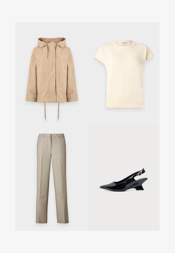 Veste beige à capuche avec fermeture éclair frontale, cordons réglables à la capuche et à l'ourlet, manches longues avec poignets à boutons-pression, et deux poches latérales.; T-shirt à manches courtes de couleur crème avec un col rond, une coupe légèrement ample et des détails de couture minimalistes.; Pantalon beige à fines rayures avec une coupe droite, doté d'une ceinture structurée et d'une texture subtile sur l'ensemble du tissu.; Chaussure slingback en cuir verni noir avec bout pointu et petit talon bloc incliné sur fond clair uni.