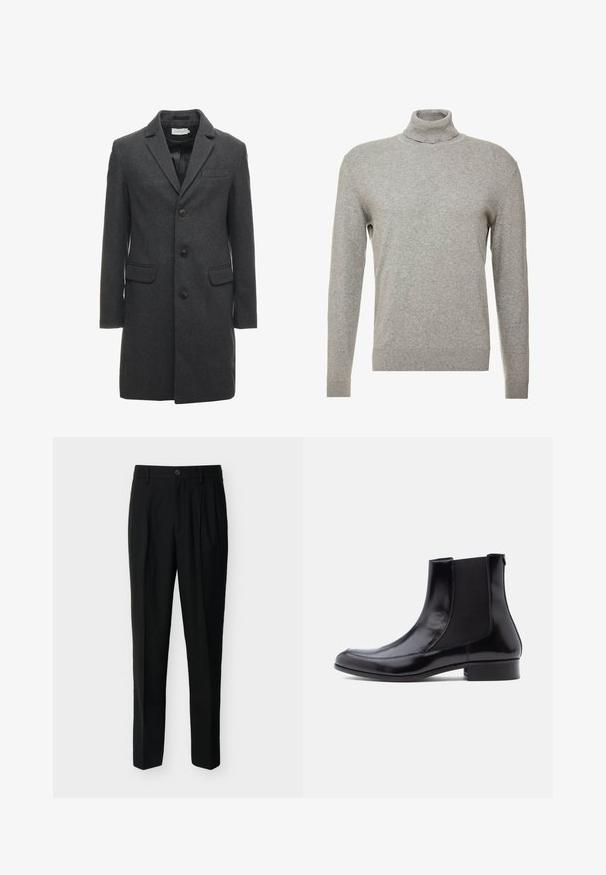 Manteau en mélange de laine gris foncé avec un design à boutonnage simple, revers crantés et deux poches à l'avant. Comprend six boutons à l'avant.; Pull over gris avec un col haut et des manches longues. Fabriqué à partir d'un matériau lisse et doux, il possède une coupe ajustée et des accents côtelés au niveau de l'ourlet.; Pantalon noir taille haute, ajusté, avec passants de ceinture, plis à l'avant, poches latérales et fermeture boutonnée avec zip.; Bottines en cuir noir avec panneaux élastiques sur les côtés, une texture lisse, un bout arrondi et un petit talon bloc. Design simple et élégant avec des coutures minimales.