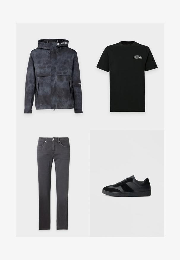 Chaqueta negra-gris resistente al agua con capucha, que presenta un sutil patrón tie-dye, cremallera frontal y bolsillos laterales. Acentuada con el logo de la marca.; Camiseta de algodón negra de mangas cortas, con cuello redondo y un pequeño logotipo gráfico en el lado izquierdo del pecho en blanco y gris.; Vaqueros de denim gris oscuro de corte slim con botón frontal, cremallera y cinco bolsillos, mostrados sobre un fondo liso.; Zapatillas negras que combinan cuero liso y ante, con una suela de goma negra texturizada y un sutil detalle de rayas.