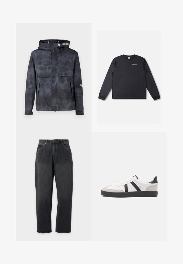 Chaqueta negra-gris resistente al agua con capucha, que presenta un sutil patrón tie-dye, cremallera frontal y bolsillos laterales. Acentuada con el logo de la marca.; Camiseta negra de manga larga hecha de algodón. Presenta un cuello redondo y el texto "RHTHM PROJECTS" impreso en blanco en el frente.; Vaqueros negros de corte recto con bolsillos delanteros, trabillas para cinturón, cierre de botón y cremallera, mostrados sobre un fondo liso gris claro.; Zapatilla blanca con acentos en negro y gris, que presenta una puntera texturizada en gris, suela de goma negra y cordones planos blancos. Diseño limpio, estilo minimalista.