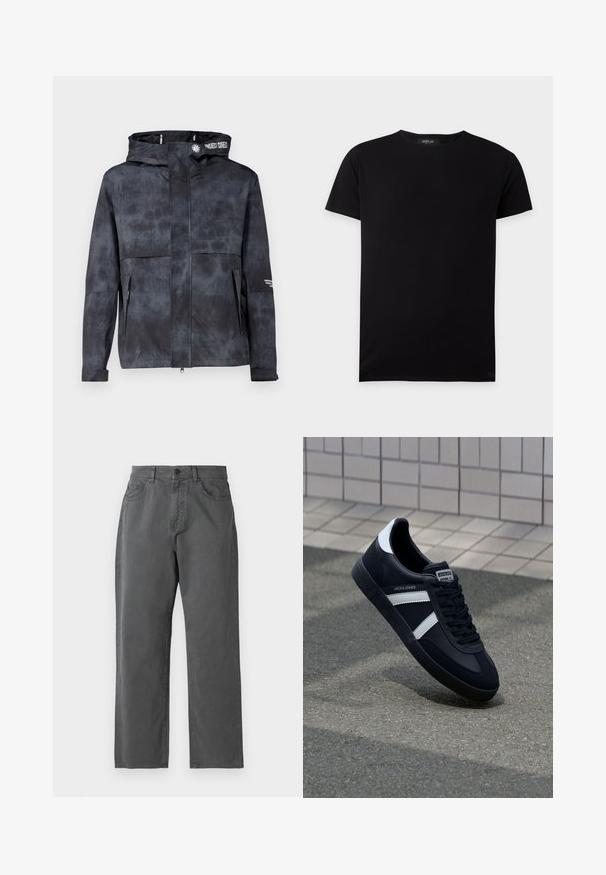 Chaqueta negra-gris resistente al agua con capucha, que presenta un sutil patrón tie-dye, cremallera frontal y bolsillos laterales. Acentuada con el logo de la marca.; Camiseta negra lisa de manga corta y cuello redondo, extendida, con una pequeña etiqueta de la marca Replay dentro del cuello.; Pantalones gris oscuro de pierna recta con bolsillos delanteros, cierre de botón, trabillas para cinturón y cremallera en la bragueta sobre fondo liso.; Zapatilla de cuero negra con rayas blancas, suela de goma texturizada y parte frontal con cordones. Cuenta con una etiqueta de marca en la lengüeta.