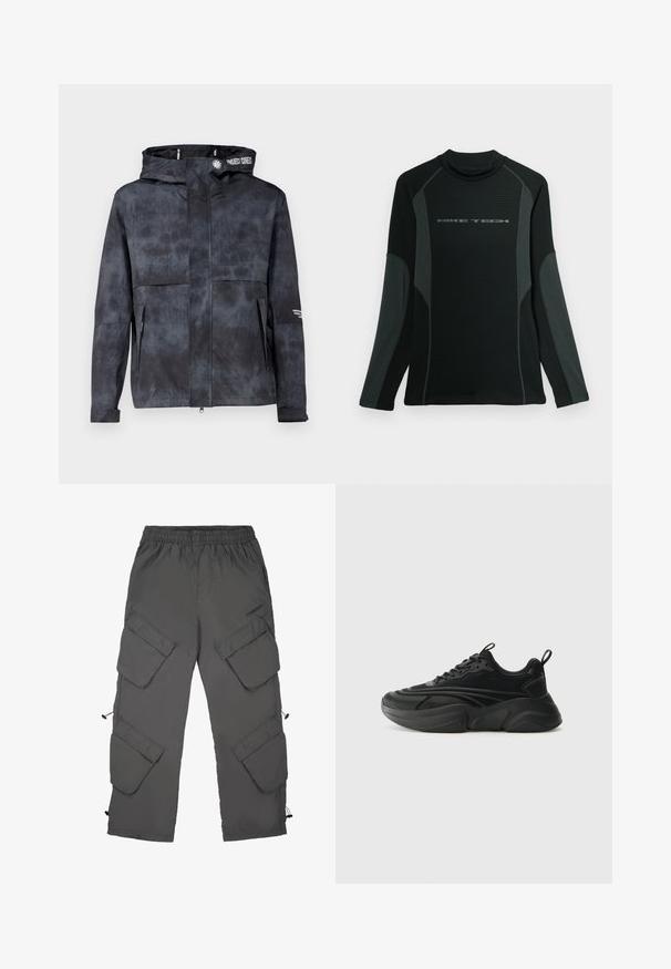 Chaqueta negra-gris resistente al agua con capucha, que presenta un sutil patrón tie-dye, cremallera frontal y bolsillos laterales. Acentuada con el logo de la marca.; Camisa negra de manga larga con cuello alto, hecha de una tela texturizada. Presenta paneles laterales grises y el logo "NIKE TECH" en el pecho.; Pantalones cargo en tela gris oscuro con cintura elástica, múltiples bolsillos cargo, bajos con cordón y una textura suave.; Zapatillas deportivas negras con suela redondeada, parte superior texturizada y collar acolchado. Presentan cordones, una lengüeta y elementos de diseño en capas.