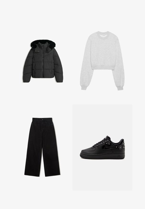 Schwarze gepolsterte Winterjacke mit vorderem Reißverschluss, Druckknöpfen und einer abnehmbaren Kapuze, die mit schwarzem Kunstfell gefüttert ist.; Gekürzter sweatshirt aus hellgrauem stoff, mit langen ärmeln, rundem ausschnitt, gerippten bündchen und einer subtilen strukturierten oberfläche.; Schwarze, weit geschnittene Jeans aus Denim mit hoher Taille, die ein Fünf-Taschen-Design und einen einzelnen Knopfverschluss vorne aufweist.; Schwarzer flacher Sneaker mit Schnürung vorne, glänzendem schwarzen Swoosh und kleinen schwarzen Blumendekorationen mit silbernen Nieten an der Seite und Ferse.
