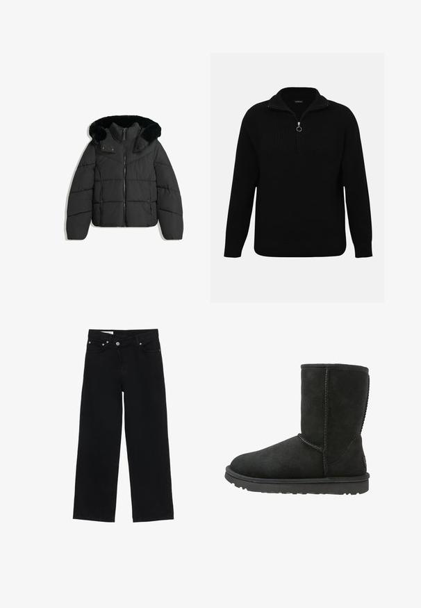 Schwarze gepolsterte Winterjacke mit vorderem Reißverschluss, Druckknöpfen und einer abnehmbaren Kapuze, die mit schwarzem Kunstfell gefüttert ist.; Schwarzer Pullover mit Reißverschluss aus geripptem Stoff, mit hohem Kragen und silbernem Reißverschlussdetail, langen Ärmeln und lockerer Passform.; Schwarze High-Waist-Weitbein-Jeans mit vorderem Knopf- und Reißverschluss, Gürtelschlaufen und fünf Taschen vor weißem Hintergrund.; Schwarzer Wildleder-Stiefelette mit runder Zehenform, gesteppten Nähten und einer flachen Gummisohle. Hat ein einfaches Design ohne Verzierungen.