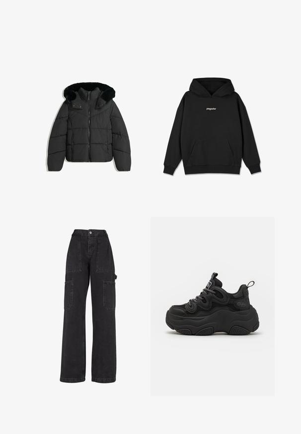 Schwarze gepolsterte Winterjacke mit vorderem Reißverschluss, Druckknöpfen und einer abnehmbaren Kapuze, die mit schwarzem Kunstfell gefüttert ist.; Schwarzer Kapuzenpullover mit einer vorderen Kängurutasche, gerippten Bündchen und Saum. Verfügt über ein weißes "pegador"-Logo auf der Brust. Hergestellt aus weichem Stoff.; Schwarze Denim-Cargohosen mit weitem Bein, mehreren aufgesetzten Taschen und hoher Taille. Verfügt über einen Knopfverschluss und strapazierfähige Nähte.; Schwarzer Sneaker mit chunky Design, featuring einem strukturierten Obermaterial, Mesh-Einsätzen und einer dicken Gummisohle. Reflexionsschnürsenkel und sichtbare Markendetails.