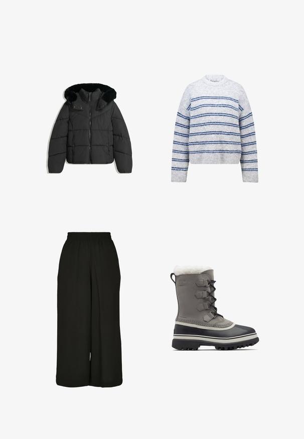 Veste d'hiver noire rembourrée avec fermeture éclair à l'avant, boutons-pression, et une capuche détachable doublée de fausse fourrure noire.; Pull rayé gris avec des rayures horizontales bleu, col rond et manches longues. Texture douce avec une coupe décontractée et des poignets et un ourlet côtelés.; Pantalons larges noirs avec une taille élastique, fabriqués dans un tissu lisse avec une texture minimale et sans motifs ou accents supplémentaires.; Botte d'hiver imperméable grise avec col doublé de fourrure, design à lacets, semelle extérieure en caoutchouc et section inférieure en caoutchouc noir contrastant.