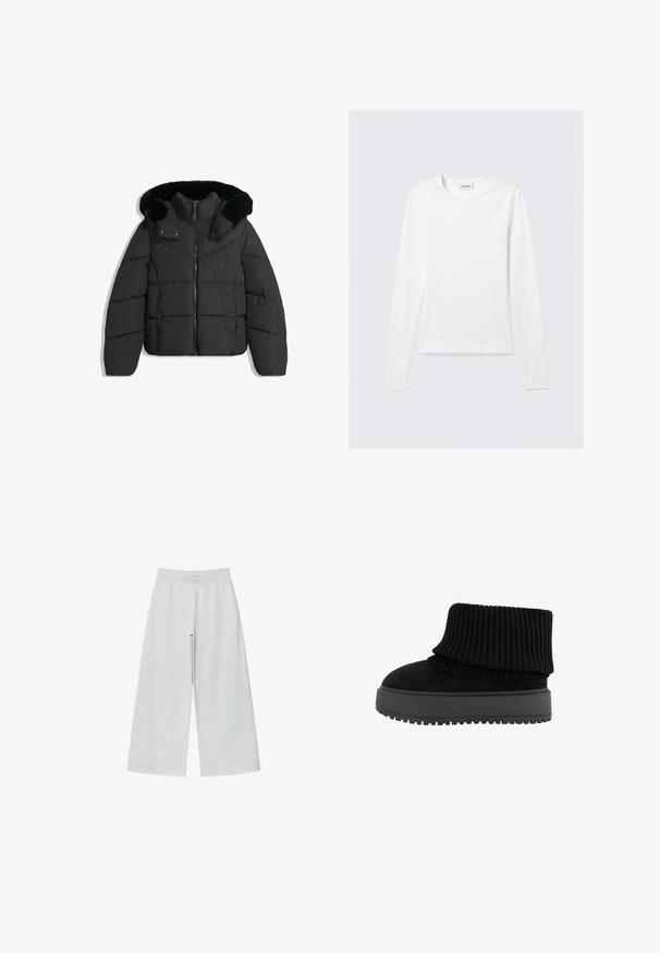Schwarze gepolsterte Winterjacke mit vorderem Reißverschluss, Druckknöpfen und einer abnehmbaren Kapuze, die mit schwarzem Kunstfell gefüttert ist.; Langärmliges, schlichtes weißes Rundhals-Shirt mit schlanker Passform, dargestellt vor einem hellgrauen Hintergrund.; Helle graue weit geschnittene Hose aus weichem Stoff mit elastischem Bund. Das Design bietet eine lockere Passform für Komfort und Bewegungsfreiheit.; Schwarze Knöchelstiefel mit einem gerippten Strickkragen und einer flachen, strukturierten Sohle. Hergestellt aus einer Kombination aus Wildleder und elastischen Materialien.