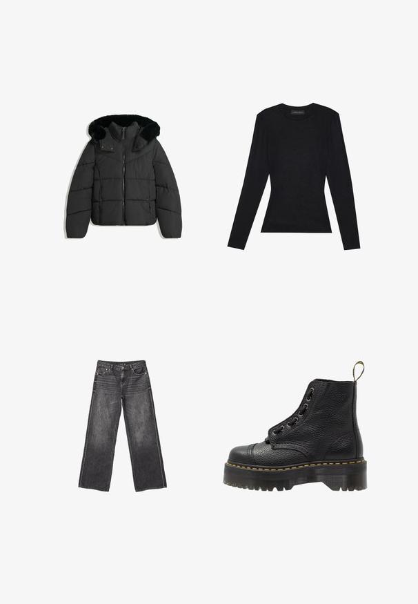 Veste d'hiver noire rembourrée avec fermeture éclair à l'avant, boutons-pression, et une capuche détachable doublée de fausse fourrure noire.; Haut noir à manches longues avec un col rond, présentant une silhouette ajustée et un léger détail froncé aux épaules. Fabriqué en coton doux.; Jean en denim gris foncé à jambes larges avec poches avant et arrière, fermeture à bouton et dégradé subtil.; Bottines en cuir noir avec surface texturée, bout arrondi, lacets, coutures jaunes et une épaisse semelle noire crantée.