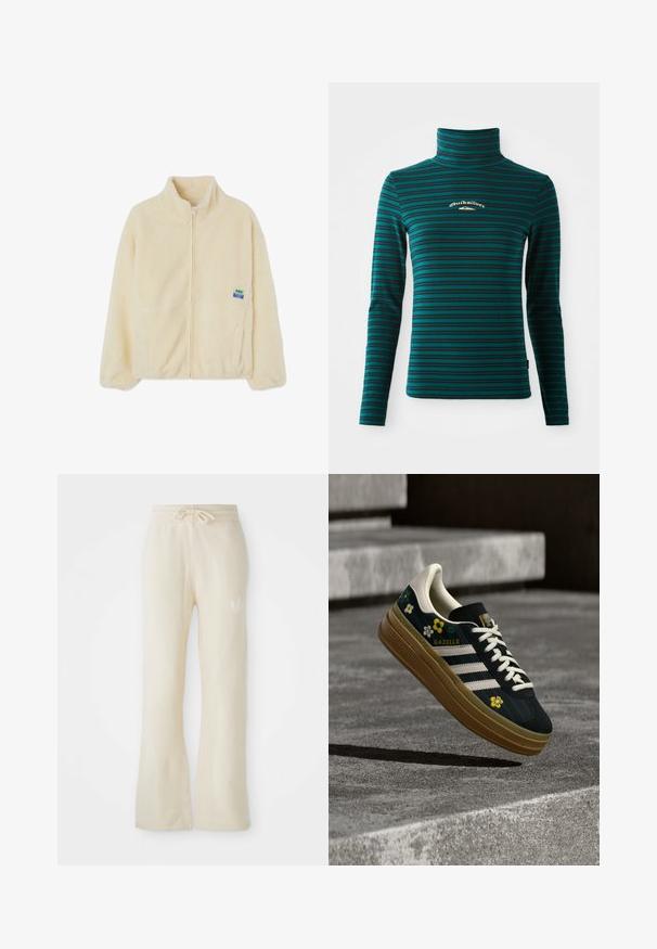 Kermainen fleece-takki, jossa on vetoketju, korkea kaulus ja sivutaskut. Vasemmassa rinnassa on pieni monivärinen brändilogo.; Pitkähihaisen turtleneck-paitaan teal-värissä, jossa on tummansinisiä vaakaraitoja. Rinnassa pieni valkoinen ja kultainen logo. Pehmeä ja joustava kangas.; Housut kermanväriset, pehmeätekstuuriset, joissa on kiristettävä vyötärö ja levenevät lahkeet. Huomaamaton logo yksityiskohta vasemmalla lonkalla.; Musta mokkanahkaiset tennarit, joissa on valkoiset raidat ja kukkakirjailut, kumipohjaiset ja klassiseen tyyliin suunnitellut, sivussa merkintä "Gazelle".