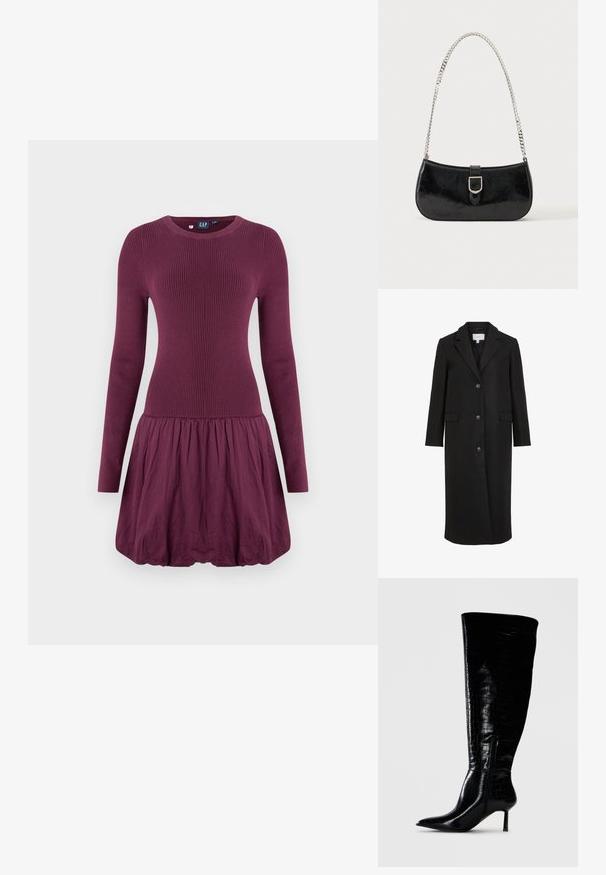Manteau en laine noire au design ajusté, avec un col cranté, des manches longues, trois boutons sur le devant et des poches latérales. Texture lisse.; Robe violette avec un corsage côtelé, des manches longues et une jupe froncée. Le tissu semble lisse avec une texture légère.; Bottes noires montantes en cuir verni avec un motif crocodile. Bout pointu et talon fin ; dotées d'une fermeture éclair sur le côté.; Sac à épaule en cuir verni noir avec détail de boucle argentée et bandoulière en chaîne argentée, présenté sur un fond uni clair.