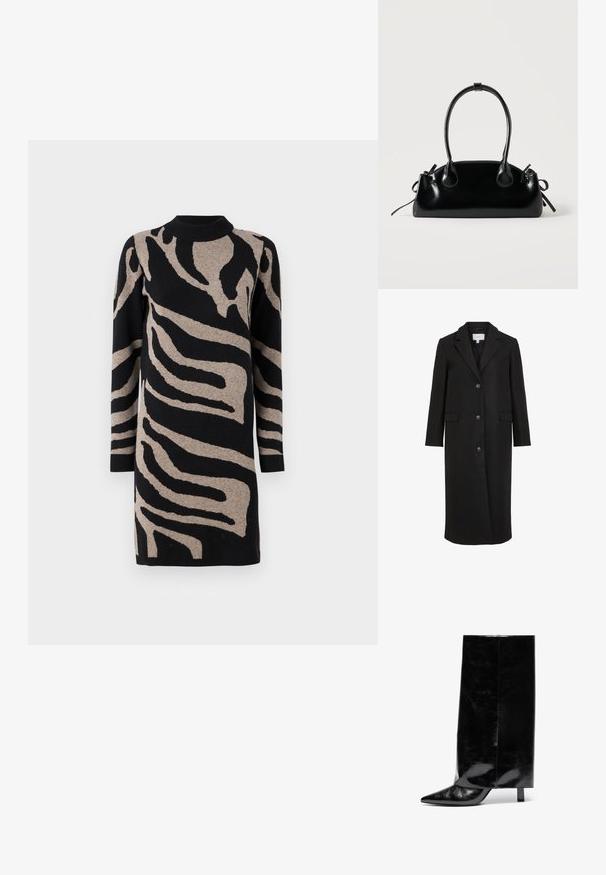 Manteau en laine noire au design ajusté, avec un col cranté, des manches longues, trois boutons sur le devant et des poches latérales. Texture lisse.; Robe en tricot présentant un motif à rayures zèbre noir et beige, un col montant et des manches longues, avec une texture douce et une coupe décontractée.; Botte chelsea en cuir noir avec un bout pointu et un talon bloc, présentant un tige haute et brillante ainsi qu'une finition texturée sur la partie inférieure.; Petit sac à main noir brillant avec deux longues anses et des détails à cordon sur les côtés sur un fond clair uni.