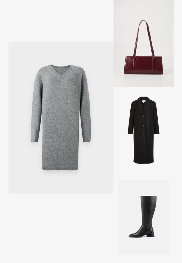 Manteau en laine noire au design ajusté, avec un col cranté, des manches longues, trois boutons sur le devant et des poches latérales. Texture lisse.; Robe-pull en maille grise à manches longues avec col en V et poignets et ourlet côtelés, présentée sur un fond blanc uni.; Bottillon en cuir noir hauteur genou avec un bout arrondi et un petit talon carré. Présente une texture lisse et des détails de couture minimaux.; Sac à main bordeaux en matériau brillant, de forme rectangulaire, avec deux anses et des accents légèrement courbés à l'avant.