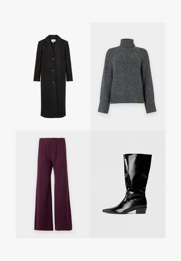 Manteau en laine noire au design ajusté, avec un col cranté, des manches longues, trois boutons sur le devant et des poches latérales. Texture lisse.; Pull en laine gris à col roulé avec une coupe décontractée, doté de manches longues et d'un motif tricoté texturé. Matériau lisse et chaud.; Pantalons larges bordeaux en tissu léger. Caractéristiques d'une fermeture à bouton et à fermeture éclair à l'avant, avec une texture lisse et uniforme.; Botte noire en cuir verni, montée jusqu'au genou, avec un bout pointu, un talon légèrement effilé et une finition lisse et brillante.