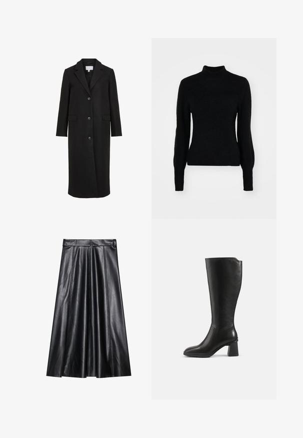 Sort uldfrakke med skræddersyet design, der har en spids krave, lange ærmer, tre frontknapper og sidelommer. Glat tekstur.; Sort turtleneck sweater lavet af et blødt, tekstureret stof. Med lange ærmer og et tætsiddende design med en sømløs finish.; Sort læder A-formet nederdel med plisseringer, der har en glat tekstur, tætsiddende talje og synlige sømdetaljer. Ingen ekstra accenter.; Sort knæhøj læderstøvle med blokhæl og rundet tå, vist fra siden på en ensfarvet baggrund.