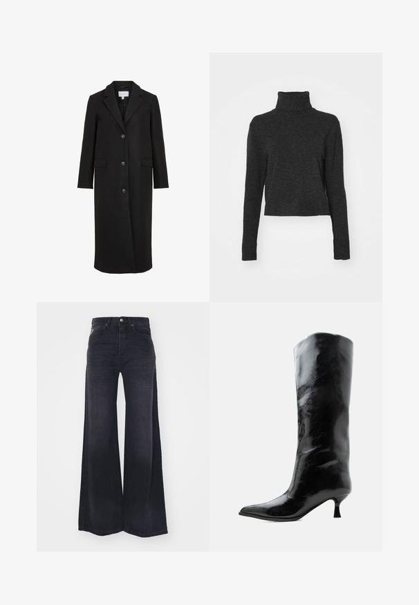 Manteau en laine noire au design ajusté, avec un col cranté, des manches longues, trois boutons sur le devant et des poches latérales. Texture lisse.; Pull ras du cou noir à manches longues, en tissu doux et texturé, avec des accents côtelés au col et à l'ourlet.; Jean noir taille haute à jambes larges, avec bouton et fermeture éclair à l'avant, et style cinq poches.; Botte en cuir noire brillante, haute jusqu'au genou, avec bout pointu et talon bas courbé sur un fond clair uni.