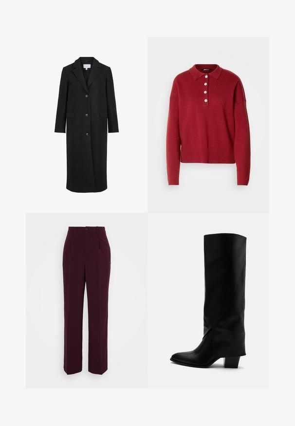 Sort uldfrakke med skræddersyet design, der har en spids krave, lange ærmer, tre frontknapper og sidelommer. Glat tekstur.; Rød strikket sweater med polo krave, fem hvide knapper samt ribbede manchetter og kant. Løs pasform og blød tekstur.; Bordeaux skræddersyede bukser i lige pasform, med knaplukning og folder, lavet af et glat stof med mat finish.; Høj sort læderstøvle med skråt syning, spids tå og kraftig mellemhøj hæl på hvid baggrund.