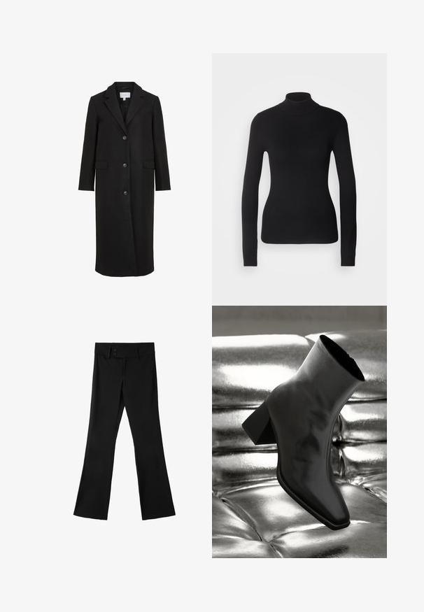 Sort uldfrakke med skræddersyet design, der har en spids krave, lange ærmer, tre frontknapper og sidelommer. Glat tekstur.; Sort turtleneck sweater lavet af let strikket stof. Har lange ærmer, et tætsiddende design og en blød ribbet tekstur.; Sorte damebukser med lige ben, to-knaps taljebånd og bæltestropper vist mod en hvid baggrund.; Sorte ankelstøvler lavet af glossy materiale med firkantet tå og spidse hæle, sat mod en skinnende sølv tuftet baggrund.