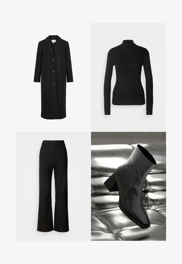 Manteau en laine noire au design ajusté, avec un col cranté, des manches longues, trois boutons sur le devant et des poches latérales. Texture lisse.; Pull à col roulé noir en maille légère. Il possède des manches longues, une coupe ajustée et une texture côtelée douce.; Pantalons noirs à jambes larges avec une texture lisse, taille haute et un design épuré. Pas de poches visibles ni d'embellissements.; Botte noire à la cheville en matériau brillant avec un bout carré et un talon effilé, sur un fond argenté brillant et capitonné.