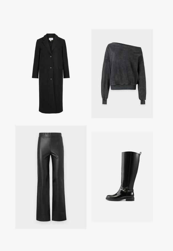 Manteau en laine noire au design ajusté, avec un col cranté, des manches longues, trois boutons sur le devant et des poches latérales. Texture lisse.; Sweat-shirt gris foncé épaules dénudées à manches longues, avec poignets et ourlet côtelés, en tissu doux.; Pantalon évasé en faux cuir noir avec une texture lisse, une taille haute et sans matériel ou embellissements visibles. Design de jambe droite.; Bottes noires montantes en cuir verni, avec un détail de boucle argentée à la cheville et une conception à bout arrondi. Semelle plate.