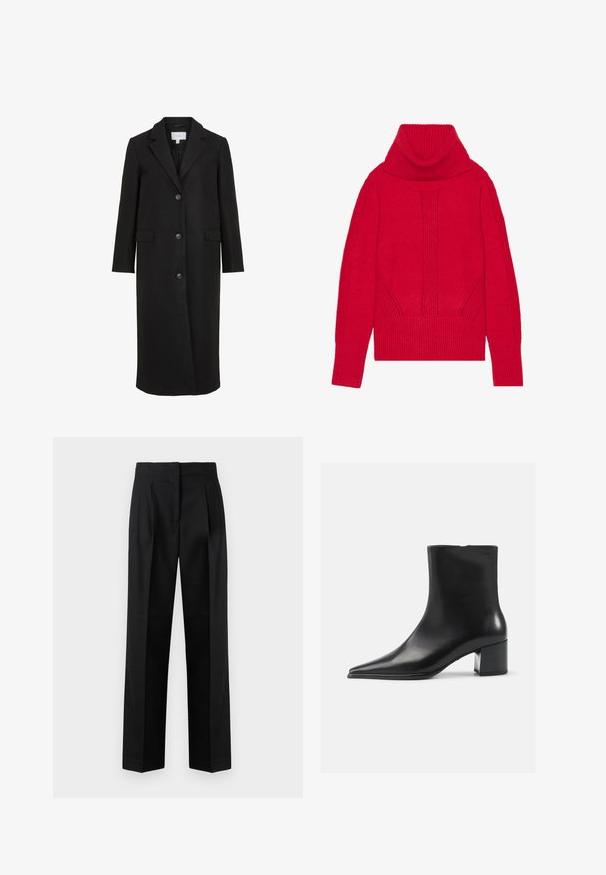 Manteau en laine noire au design ajusté, avec un col cranté, des manches longues, trois boutons sur le devant et des poches latérales. Texture lisse.; Pull à col roulé tricoté rouge présentant une texture côtelée, des détails verticaux, et de larges poignets et ourlet côtelés. Tissu doux et épais.; Pantalon noir en tissu tissé, avec une coupe sur mesure, des plis, une jambe droite et un devant plat. Texture durable et lisse.; Bottine en cuir noir avec un bout pointu, texture lisse et un talon bloc moyen. Design minimaliste, fermeture éclair à l'arrière.