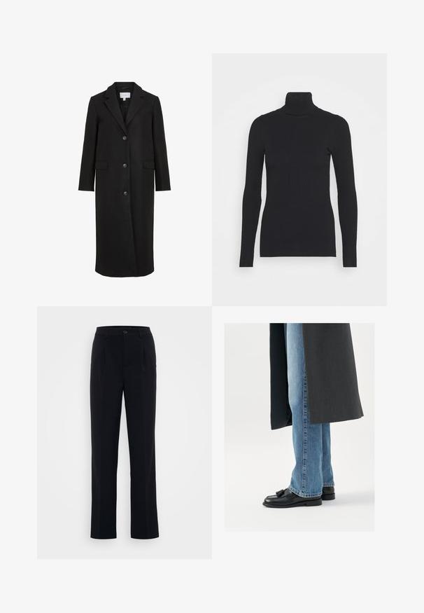 Manteau en laine noire au design ajusté, avec un col cranté, des manches longues, trois boutons sur le devant et des poches latérales. Texture lisse.; Pull noir à col roulé côtelé, doté de longues manches et d'une silhouette près du corps. La texture est lisse avec un motif de côtes horizontal.; Pantalon noir avec une coupe droite, comportant des plis devant et une fermeture à bouton, fabriqué dans un tissu lisse. Lignes épurées tout au long.; Mocassins en cuir noir avec des pampilles, portés avec un jean droit bleu clair, complétés par un manteau gris foncé. Lignes épurées et tissu texturé.