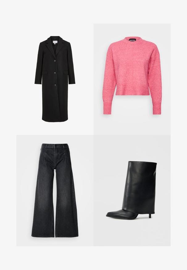 Abrigo de lana negro con un diseño ajustado, que presenta un cuello con muescas, mangas largas, tres botones en la parte delantera y bolsillos laterales. Textura suave.; Suéter corto rosa con escote redondo, mangas largas, puños y dobladillo acanalados, presenta un acabado ligeramente texturizado. Etiqueta de la marca visible.; Vaqueros negros de pierna ancha de denim, con una cintura alta, dos bolsillos frontales y costuras visibles con un acabado texturizado sutil.; Botín de cuero negro con un diseño estructurado y solapa doblada, punta afilada y tacón delgado. Textura lisa con detalles mínimos.