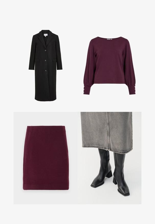 Abrigo de lana negro con un diseño ajustado, que presenta un cuello con muescas, mangas largas, tres botones en la parte delantera y bolsillos laterales. Textura suave.; Suéter de punto burdeos con un escote amplio, mangas largas abullonadas y detalles de botones en los puños. Textura suave y ajuste relajado.; Vero Moda VMFORTUNALLISON SHORT - Falda acampanada - winetasting; Botas negras hasta la rodilla de cuero liso con punta cuadrada y tacón cuadrado. Llevadas con una falda de mezclilla gris con dobladillo desflecado.