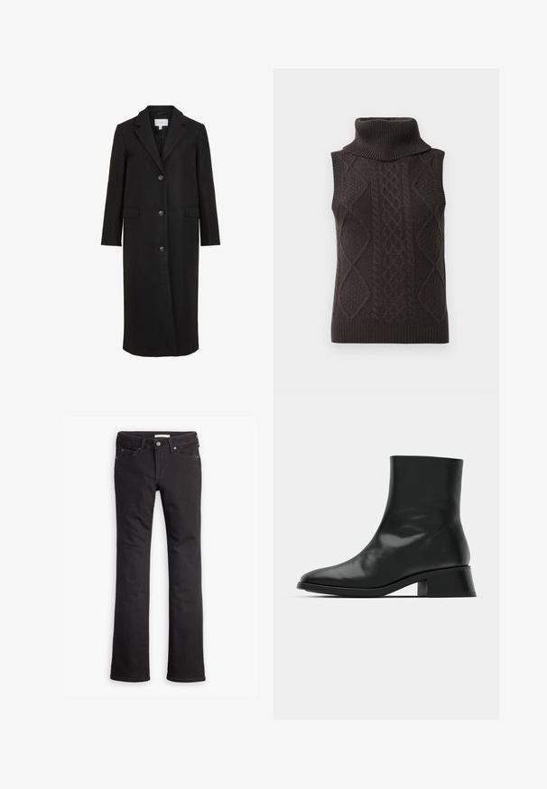 Sort uldfrakke med skræddersyet design, der har en spids krave, lange ærmer, tre frontknapper og sidelommer. Glat tekstur.; Ærmeløs mørkebrun kabelstrikket turtleneck sweater med diamantmønstre og ribbet kant på hvid baggrund.; Sorte jeans lavet af denim, med lige ben-design, standard talje, fem lommer og diskrete syninger.; Sort ankelstøvle lavet af blank læder, med et strømlinet design, spids tå og en moderat blokhælhøjde for stabilitet.
