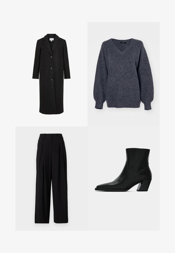 Manteau en laine noire au design ajusté, avec un col cranté, des manches longues, trois boutons sur le devant et des poches latérales. Texture lisse.; Pull gris en V en matière tricotée douce et texturée. Présente des manches longues légèrement bouffantes et une coupe décontractée.; Pantalons larges noirs en tissu lisse, dotés d'une taille haute, de plis à l'avant et d'une silhouette fluide.; Bottine en cuir noir avec un bout pointu, une silhouette élégante et un talon carré massif. Texture lisse avec des détails de couture minimalistes.